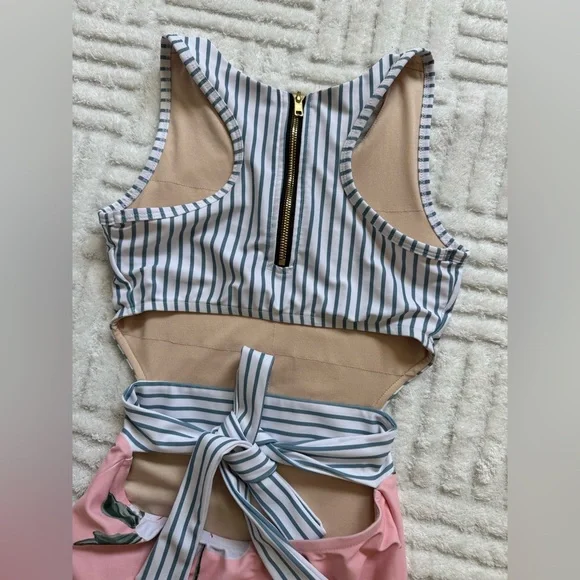 Albion Island Fever One Piece Swimsuit - Blue / White Stripe & Pink Floral - Picture 4 of 10
